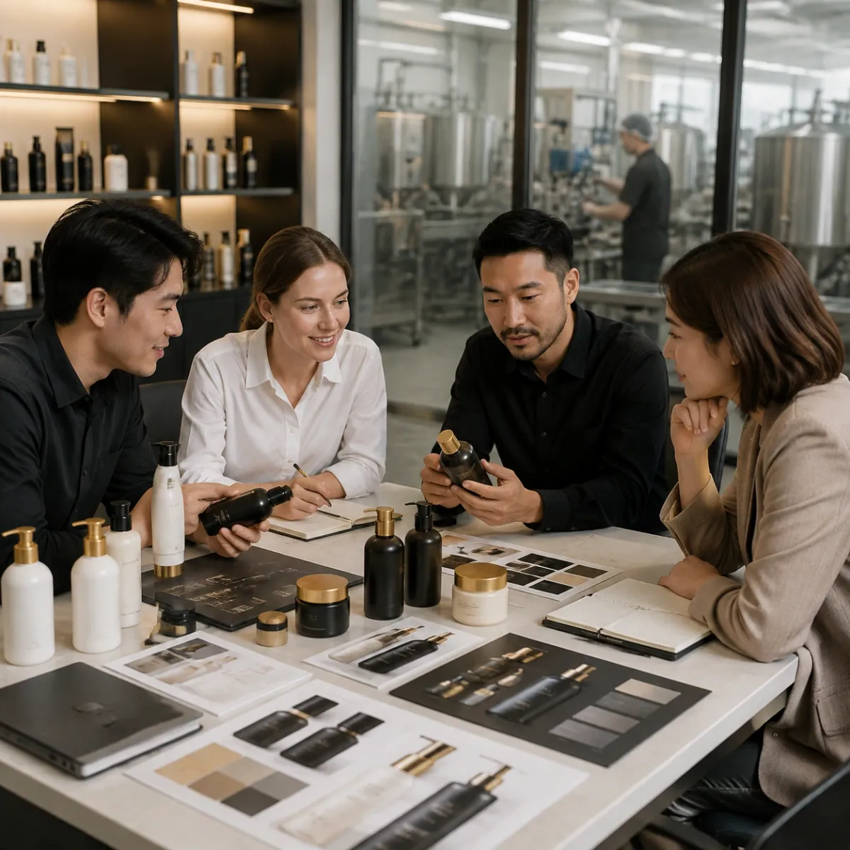 Project team reviewing a private label brief on the factory floor